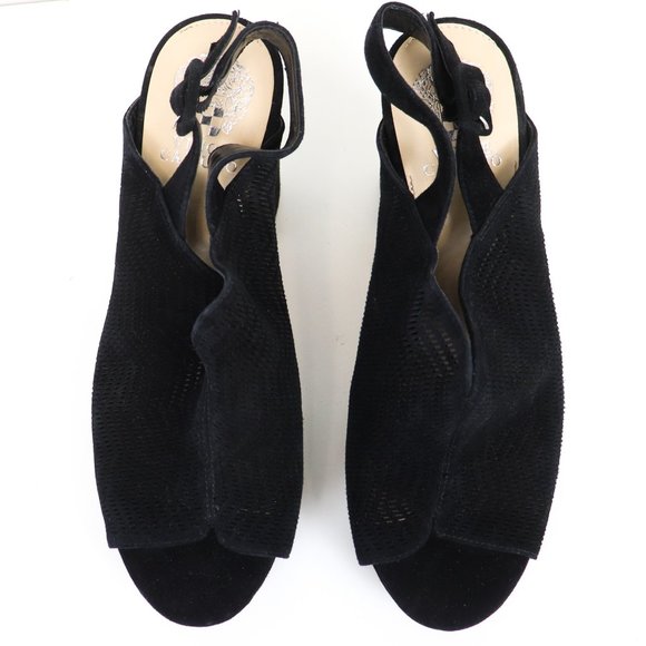 Vince Camuto Jenseya Perforated Peep Toe Wedge Heels Black Suede Leather 10 - Picture 4 of 10